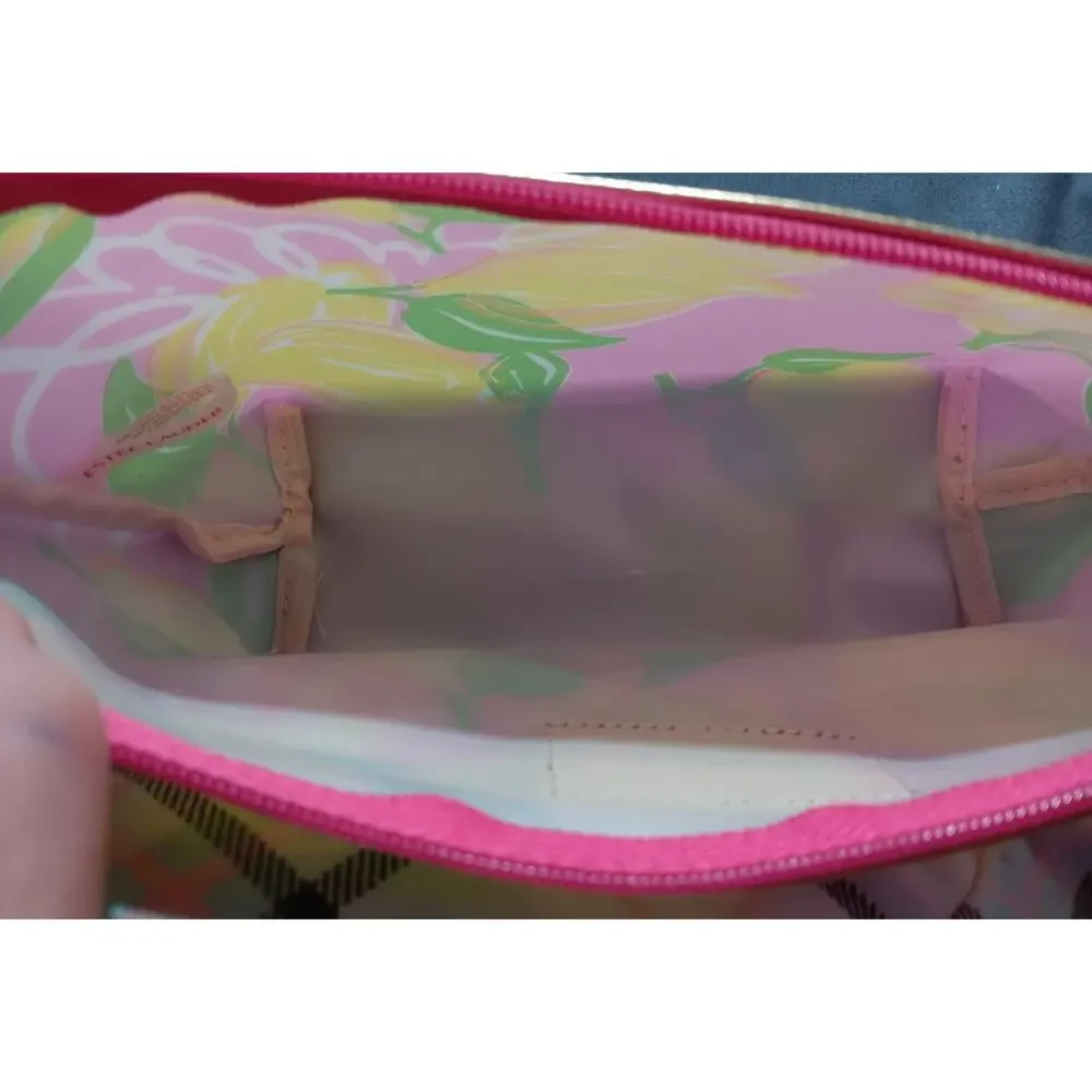 Lilly Pulitzer Estee Lauder Waterproof Makeup Bag Pink w Lemon Print Zip Pouch